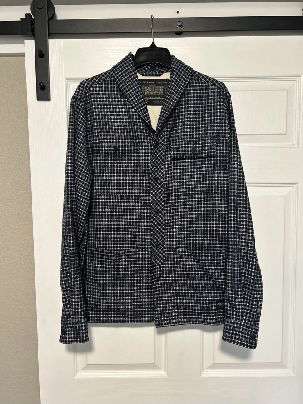 Scotch & Soda Deep Blue and White Checked Shawl-Collar Jacket